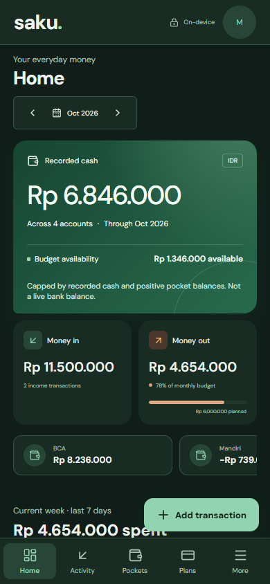 Tampilan beranda Saku dengan saldo dan pengeluaran rupiah menggunakan data contoh